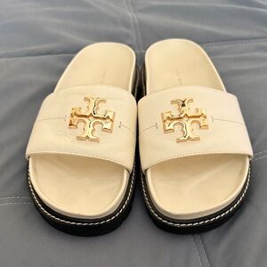 Tory Burch Cream and Gold Leather Slides